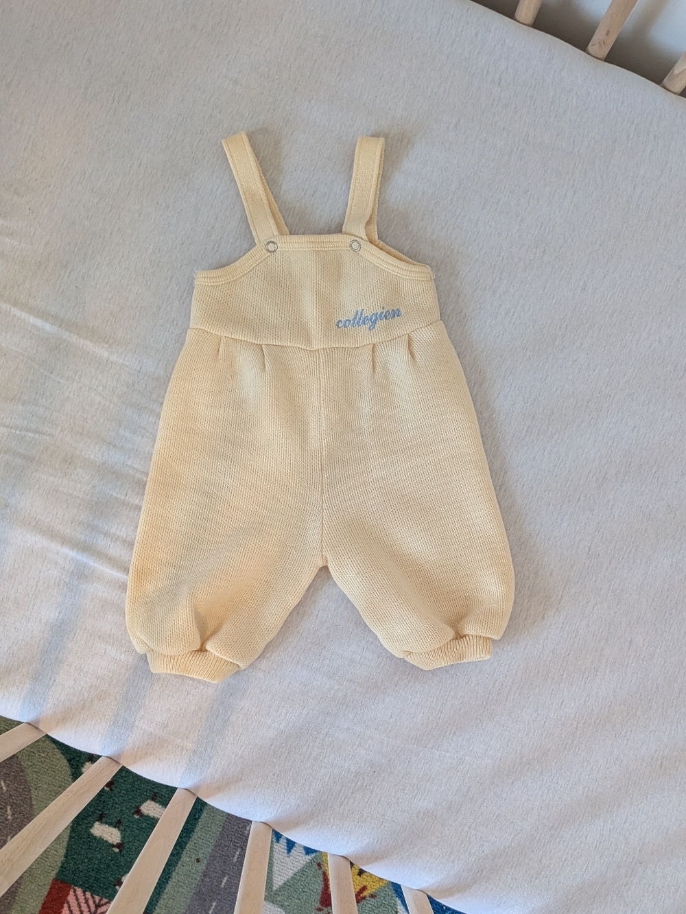 VINTAGE - 3M - Cream Knit Baby Overalls In Butter Light Yellow - Collegien